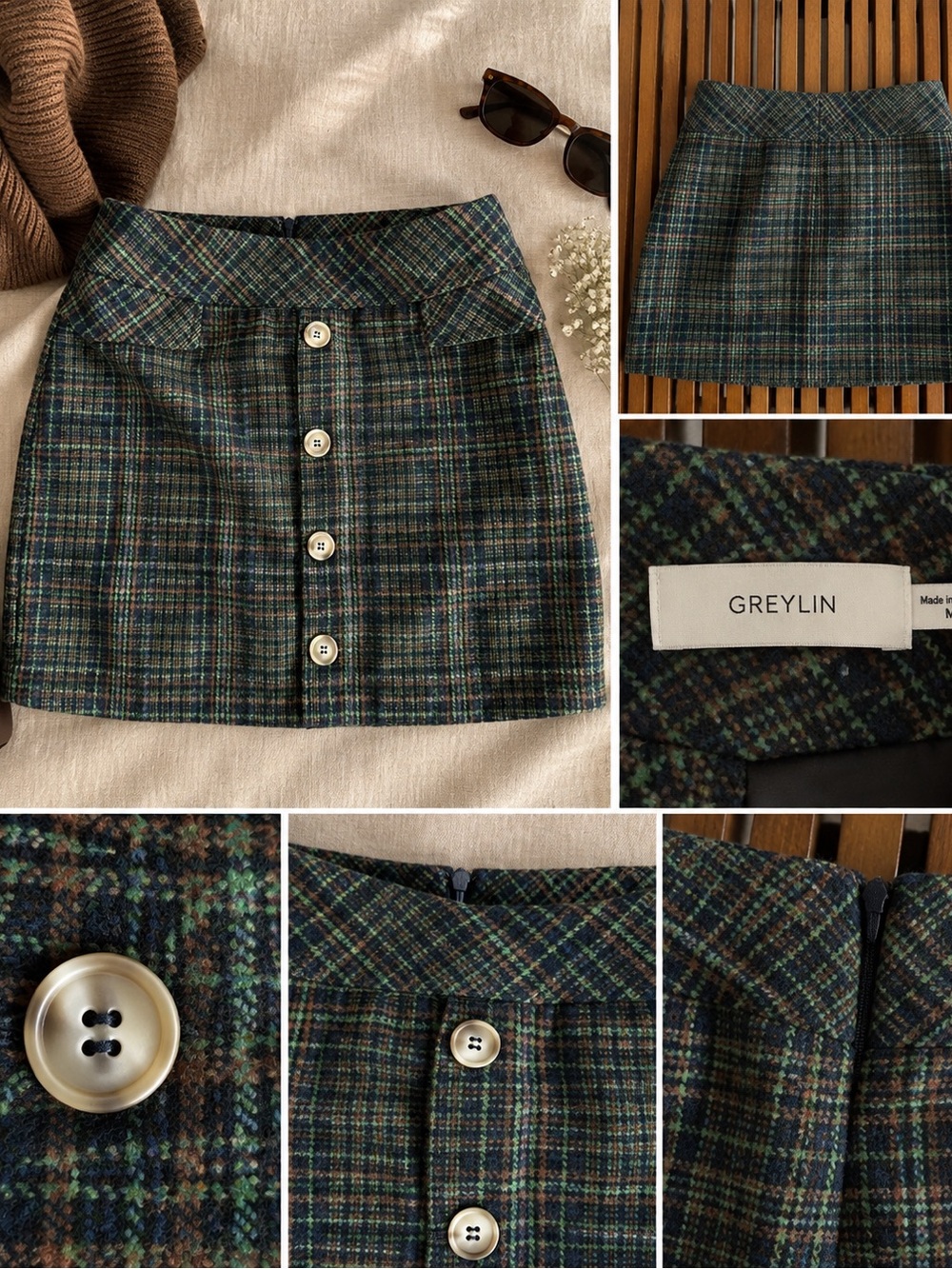 Greylin Green & Navy Plaid Button-Front Mini Skirt